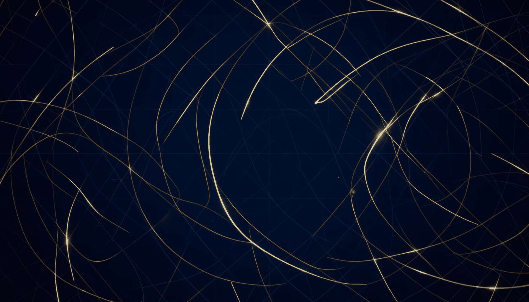 A dark abstract pattern with glowing golden orbital arcs and subtle grid lines, evoking satellite technology against a deep navy background