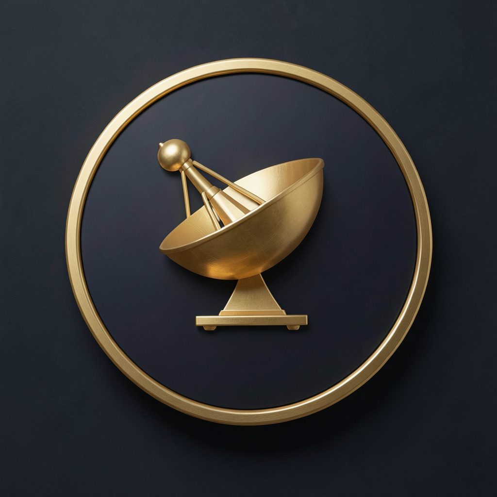 Circular emblem with a golden satellite dish icon on a dark background