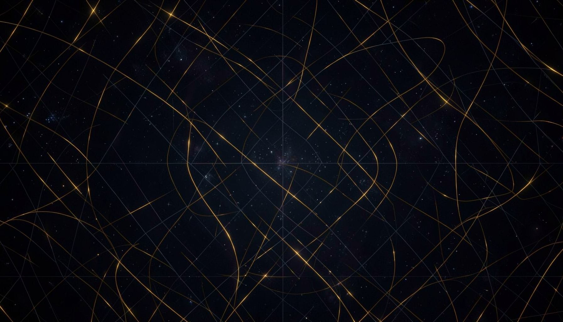 Dark abstract pattern with glowing golden orbital arcs and subtle grid lines, evoking satellite technology against a deep space backdrop