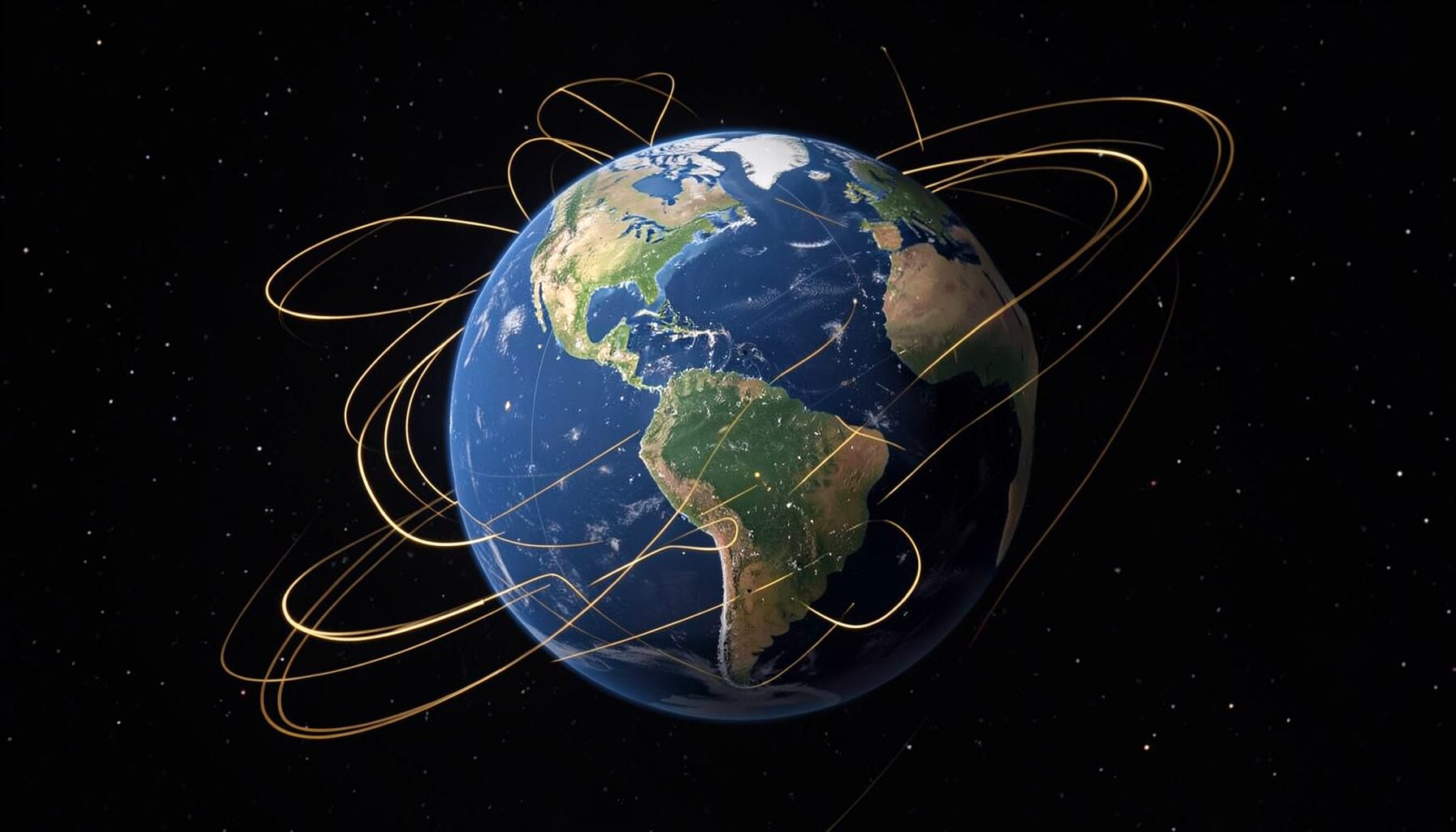 Globe with orbital arcs traced in golden lines against a dark space background