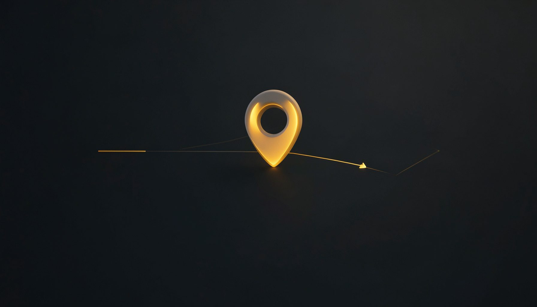 Map interface with a marker pin and directional line, dark UI tones with golden highlights